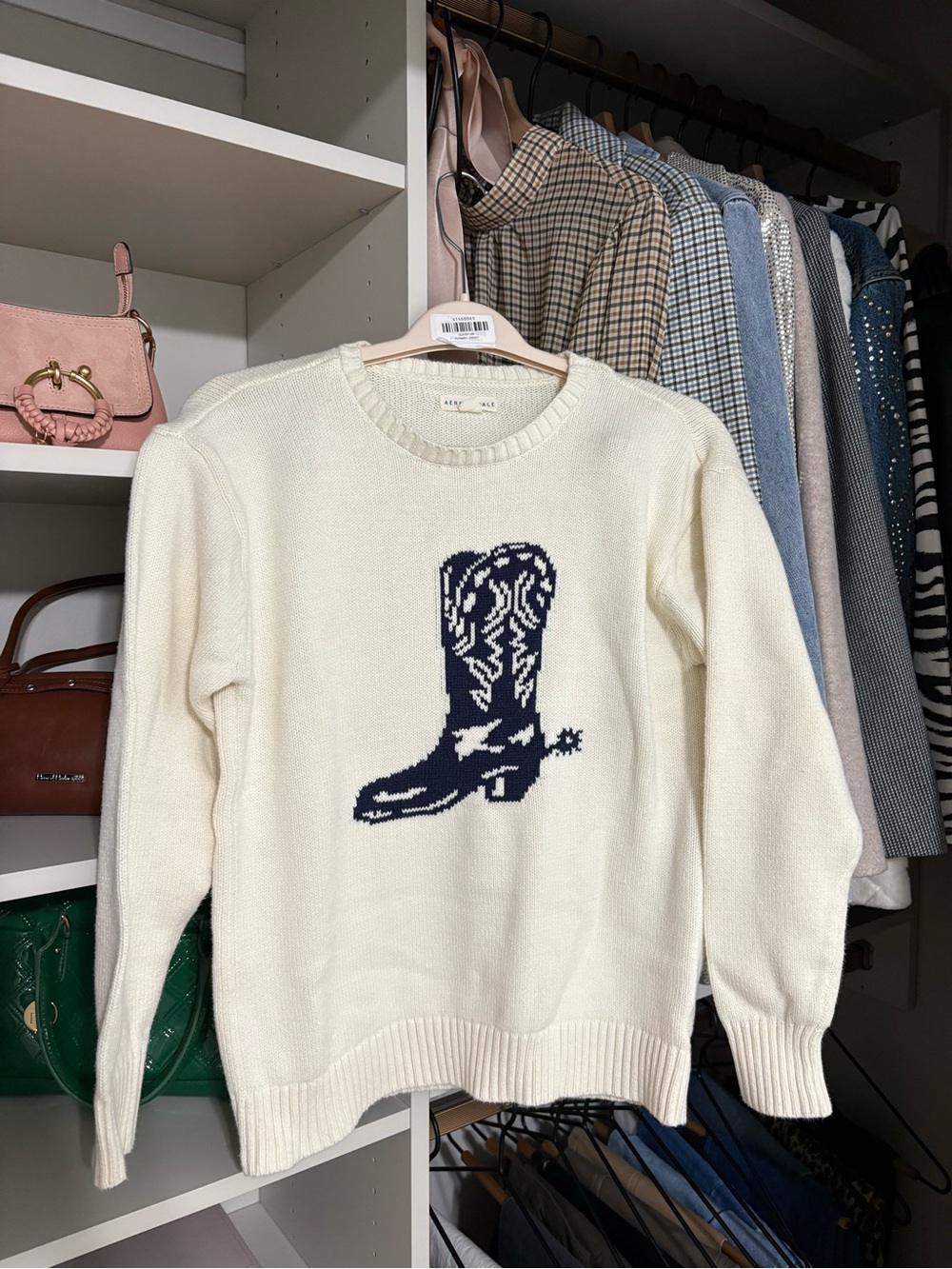 Ivory Crewneck Sweater with Navy Cowboy Boot Motif